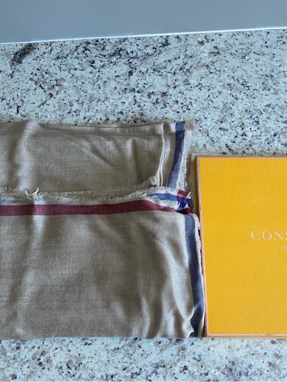 Consinee cashmere Tan with red and blue Striped Lightweight Scarf